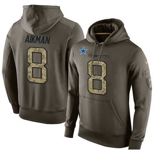 NFL Men's Nike Dallas Cowboys #8 Troy Aikman Stitched Green Olive Salute To Service KO Performance Hoodie